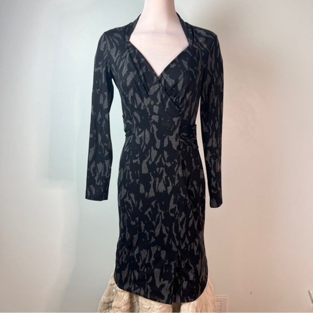 Etcetera Black & Gray Ruched Wrap Dress | Size 2 | Long Sleeve Professional